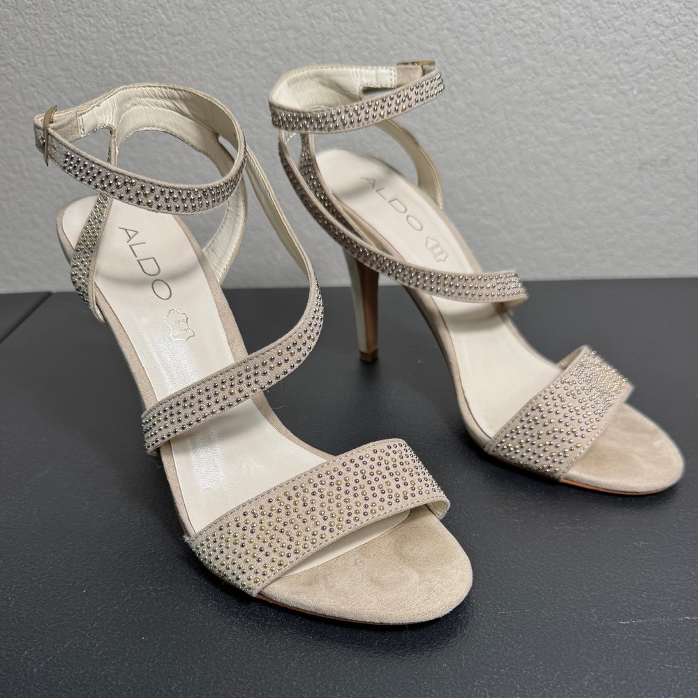 ALDO Embellished Strappy Heeled Sandals‎ Women Champagne Suede Size 7.5